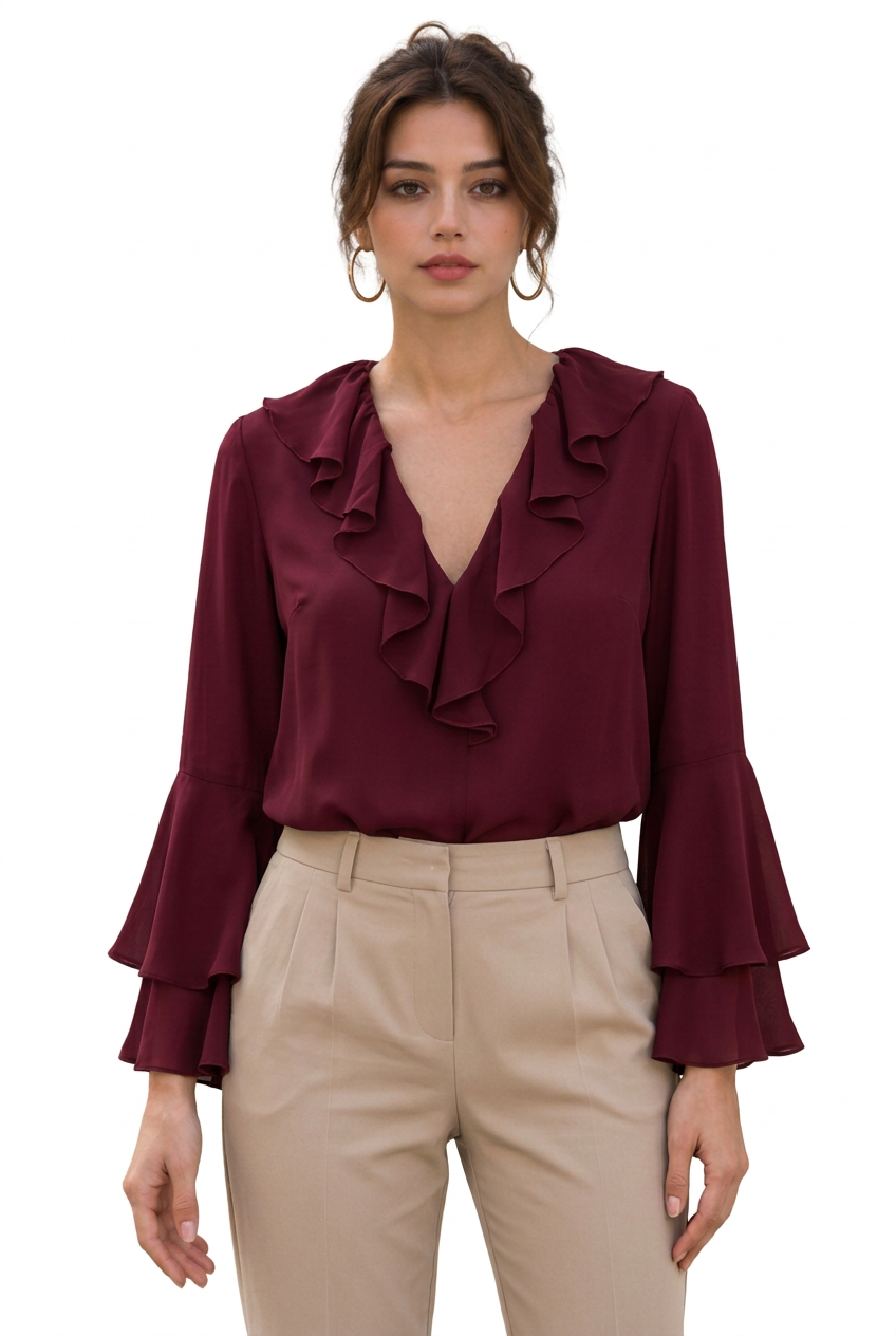 Stéphanie avec la blouse bordeaux
