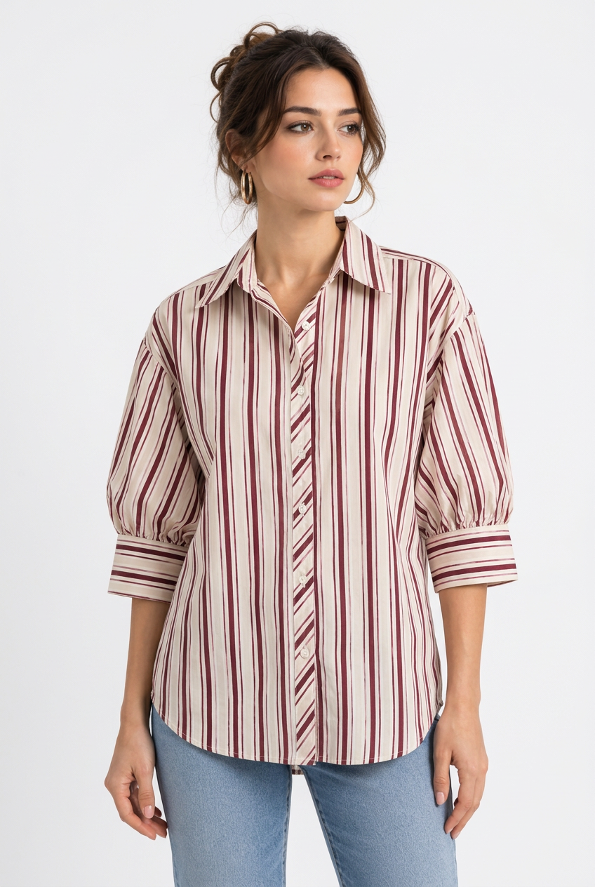Stéphanie avec la chemise à rayures rouges
