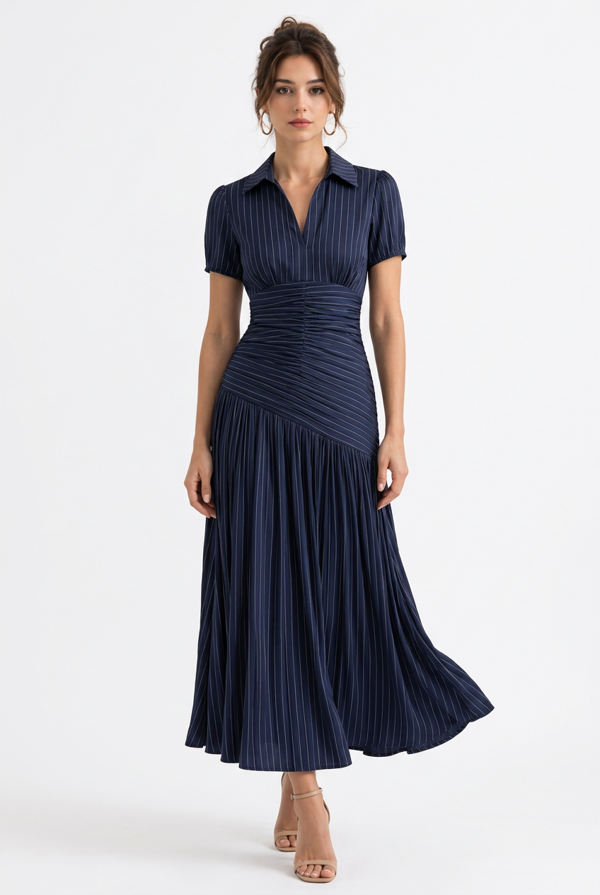 Stéphanie avec la robe bleu foncé sur fond blanc