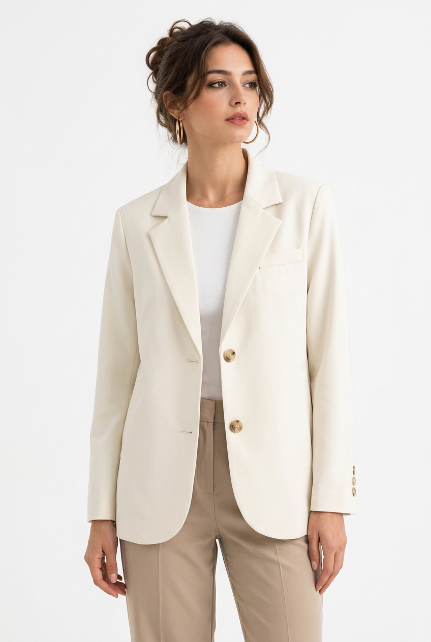 Stéphanie avec le blazer blanc cassé