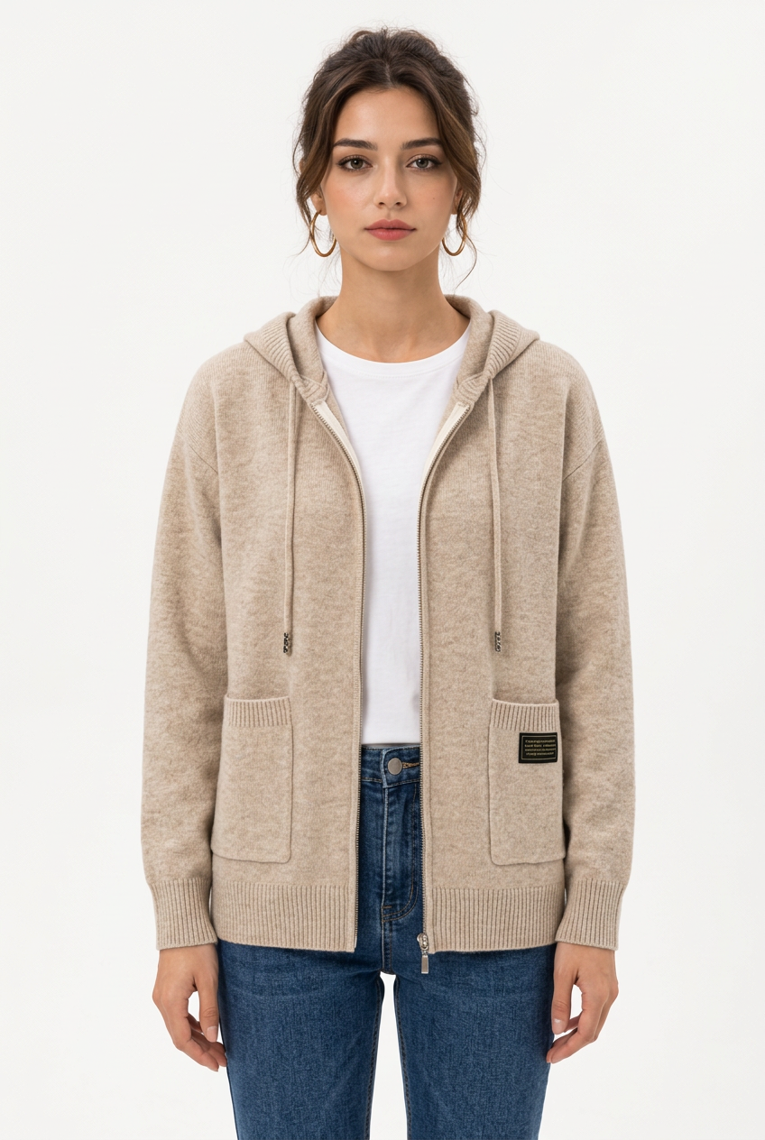 Stéphanie avec le cardigan beige