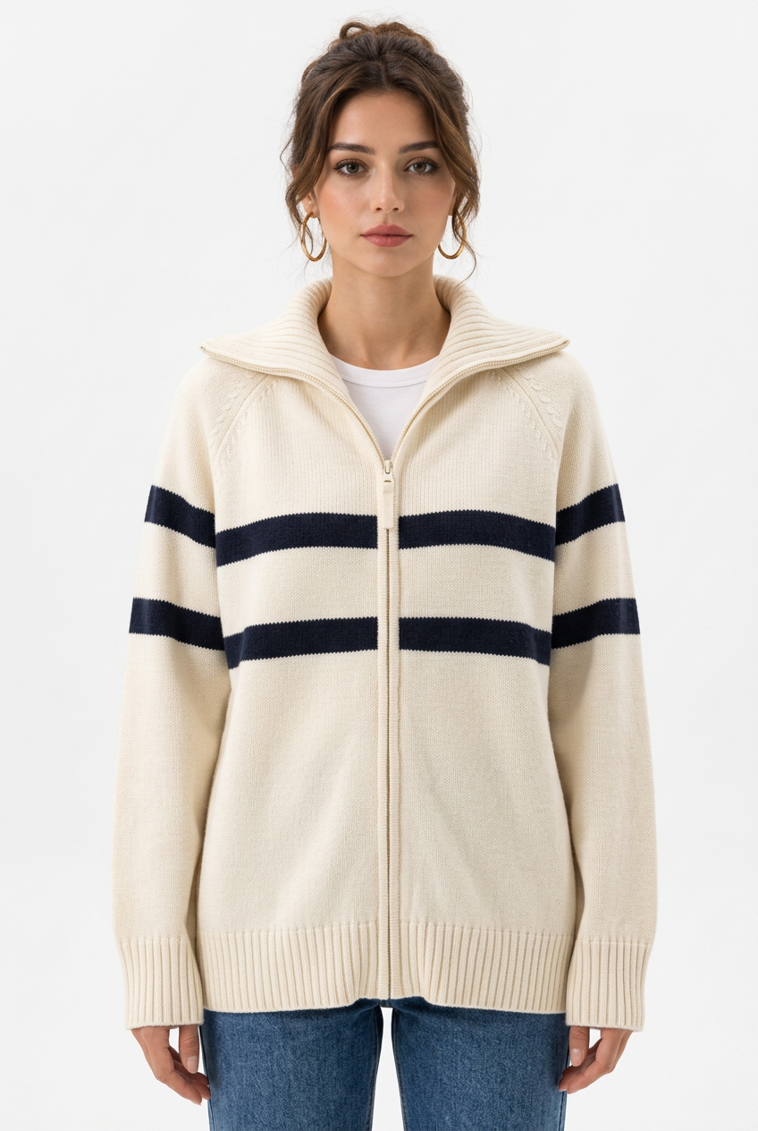 Stéphanie avec le cardigan blanc cassé