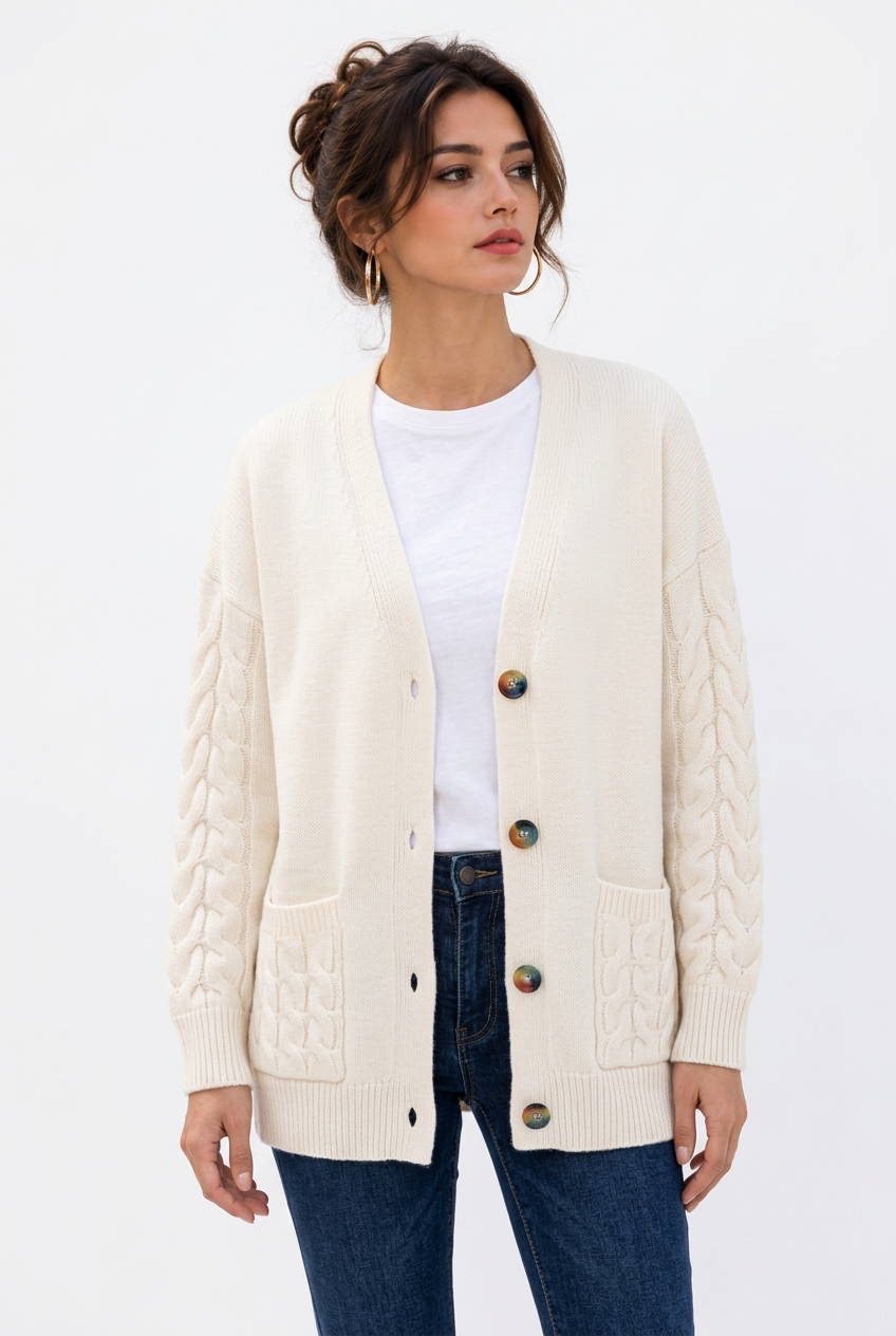 Stéphanie avec le cardigan blanc cassé