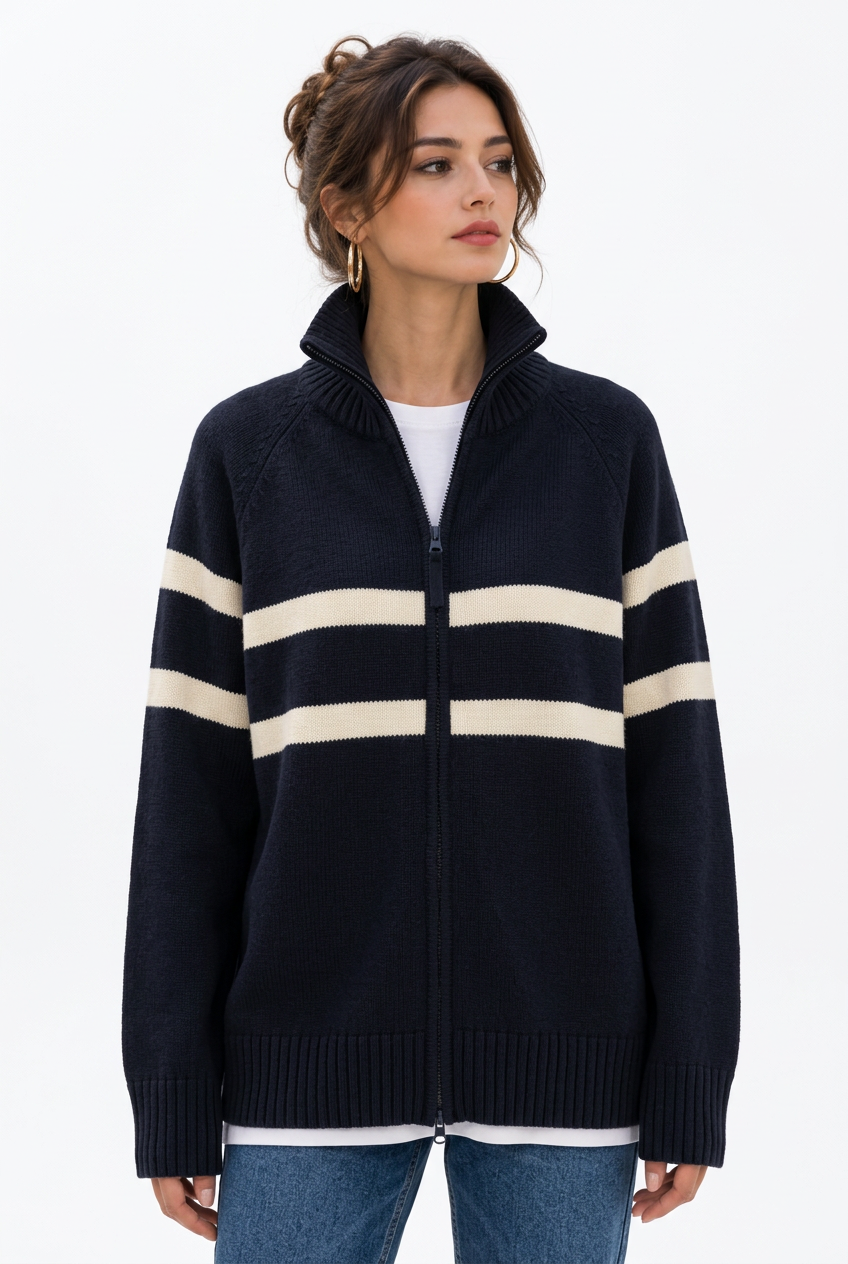 Stéphanie avec le cardigan bleu marine