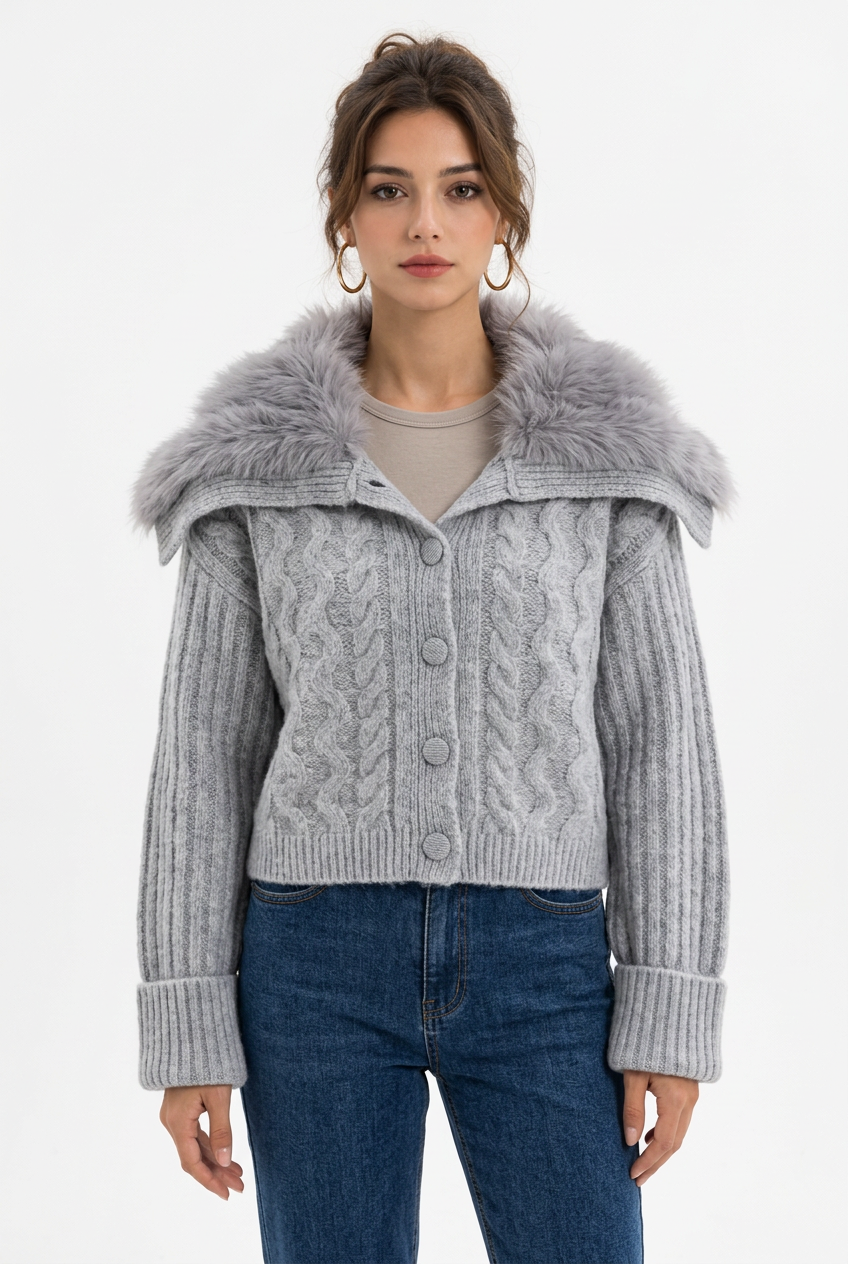 Stéphanie avec le cardigan gris clair