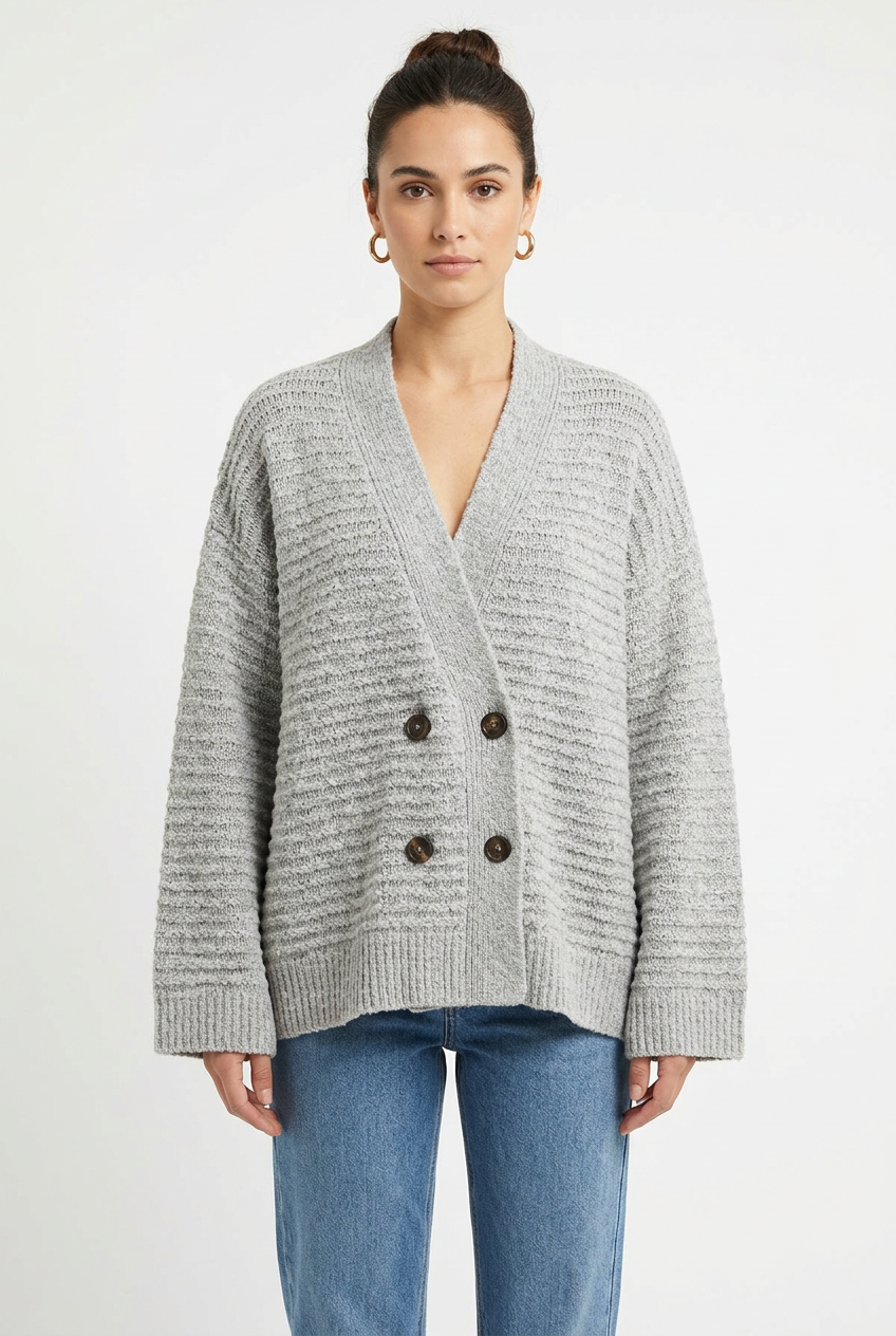 Stéphanie avec le cardigan gris clair