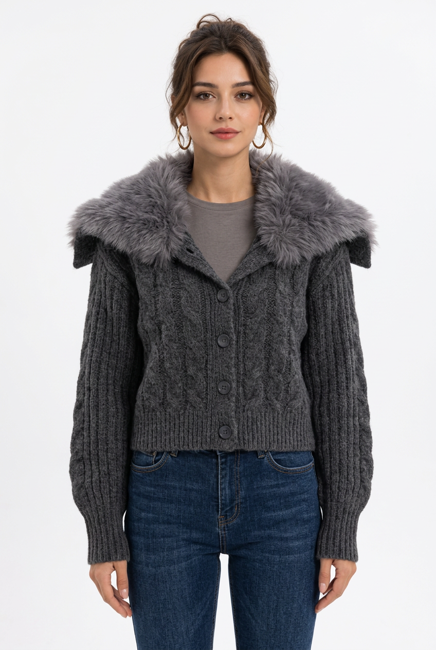 Stéphanie avec le cardigan gris foncé
