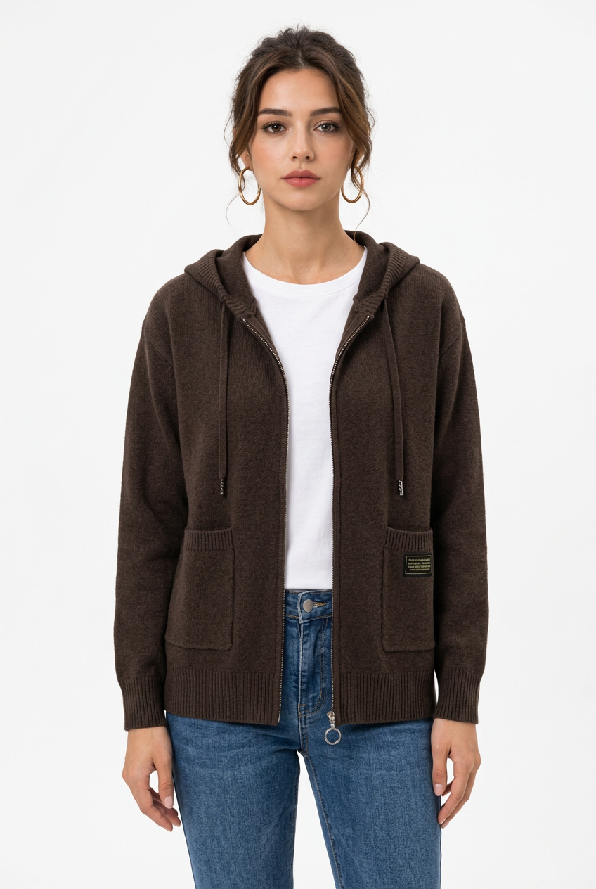 Stéphanie avec le cardigan marron foncé