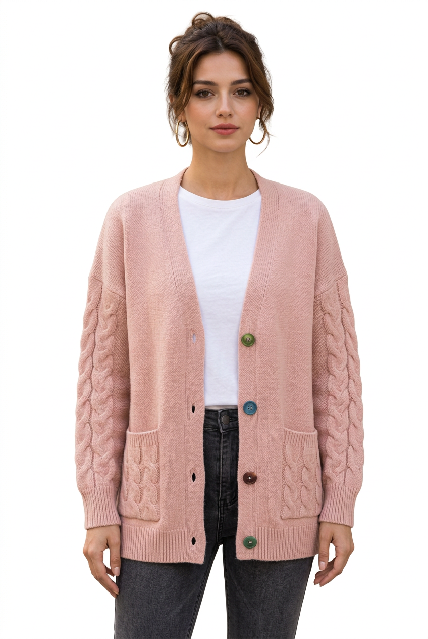Stéphanie avec le cardigan rose