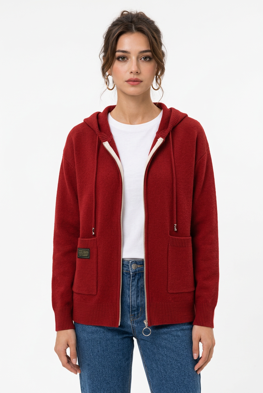 Stéphanie avec le cardigan rouge