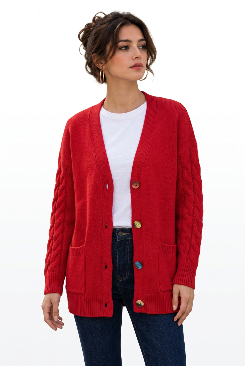 Stéphanie avec le cardigan rouge