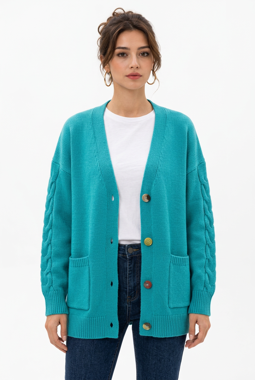 Stéphanie avec le cardigan turquoise