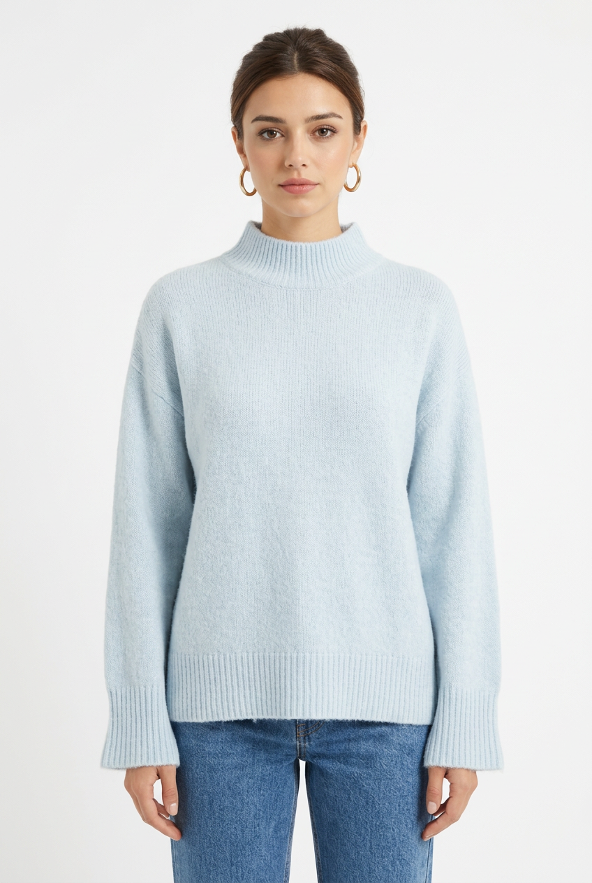 Stéphanie avec le pull bleu clair