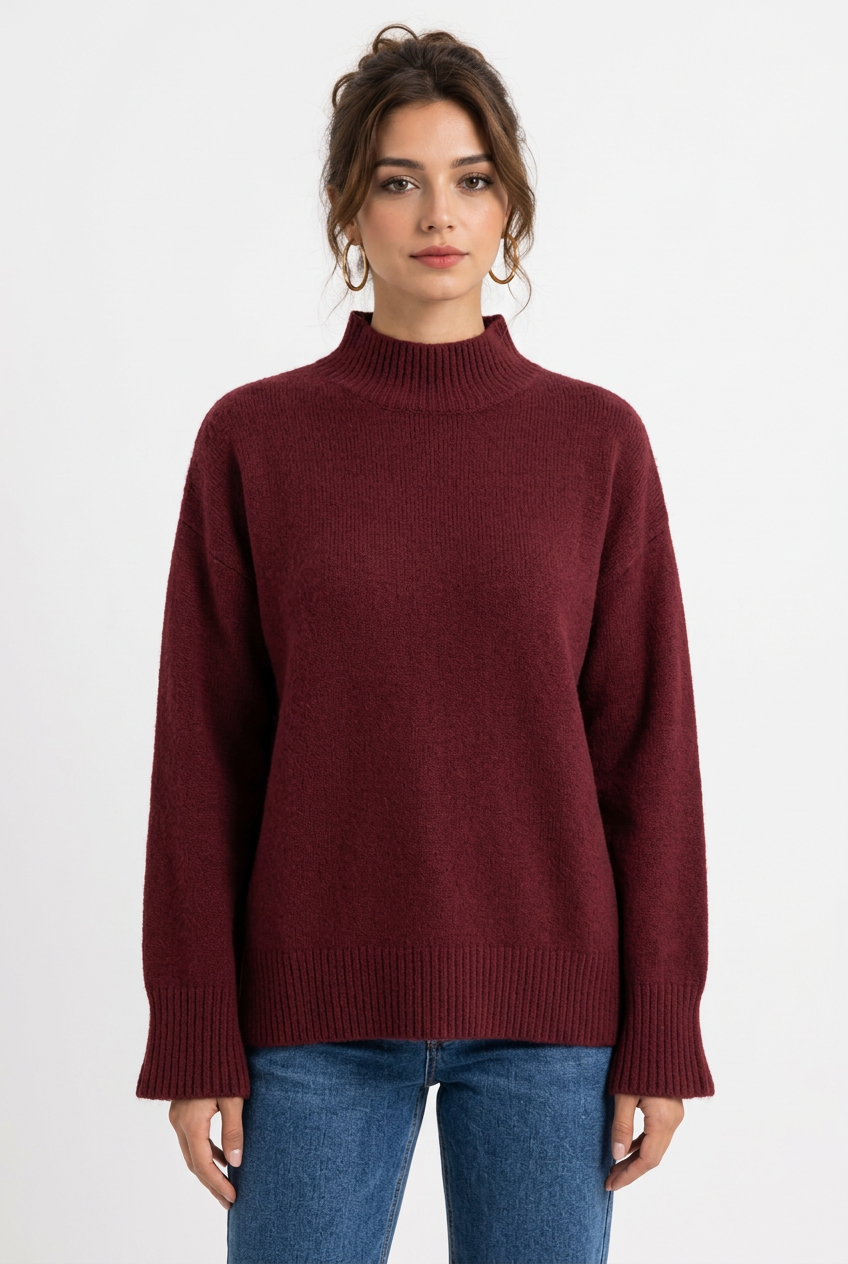 Stéphanie avec le pull bordeaux