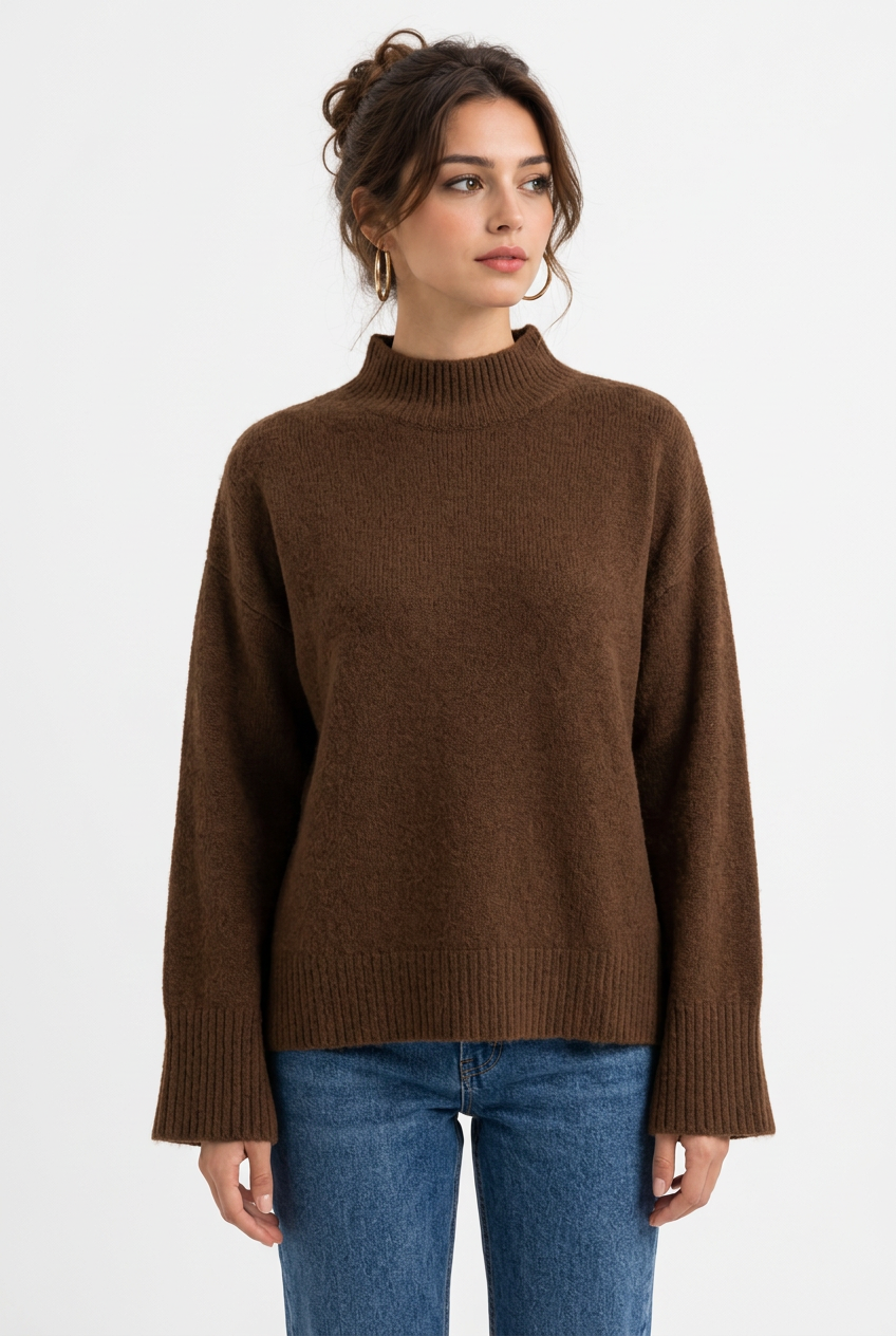 Stéphanie avec le pull café