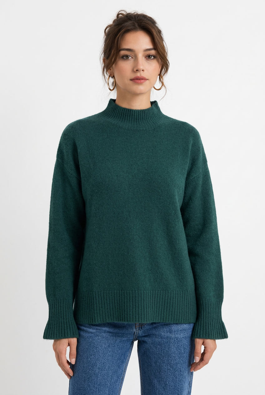 Stéphanie avec le pull vert sapin