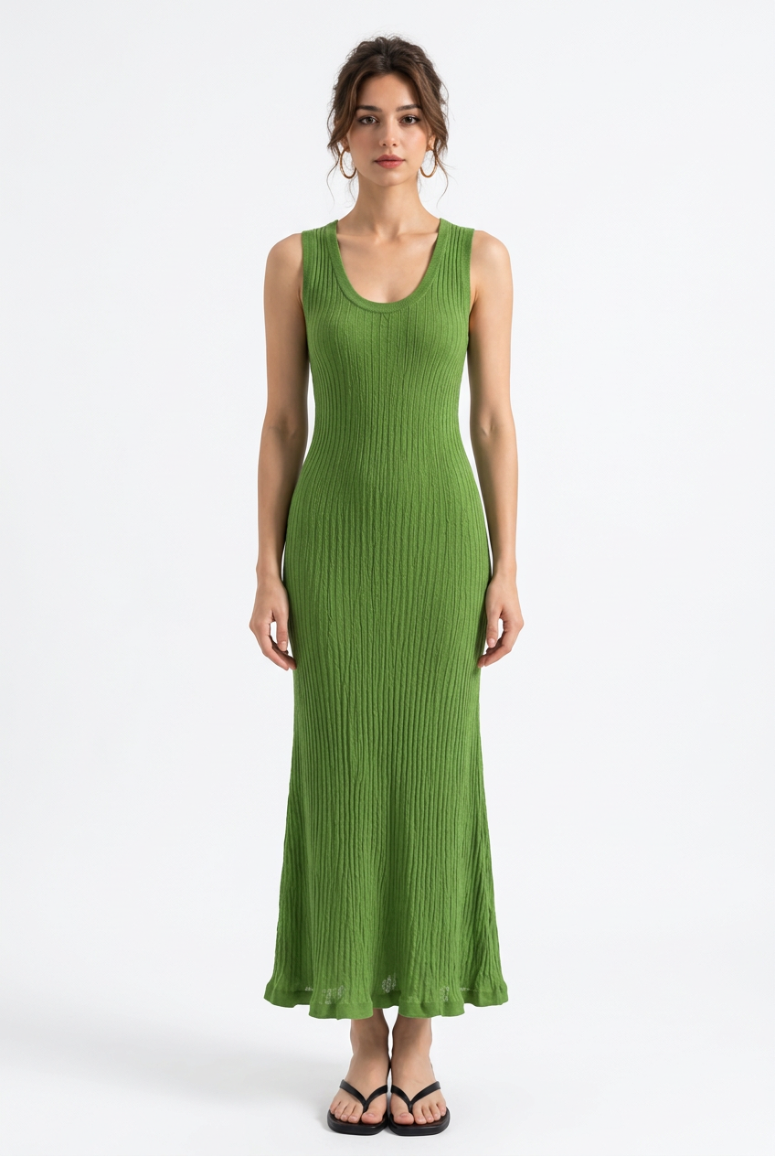Stéphanie en studio avec la robe verte