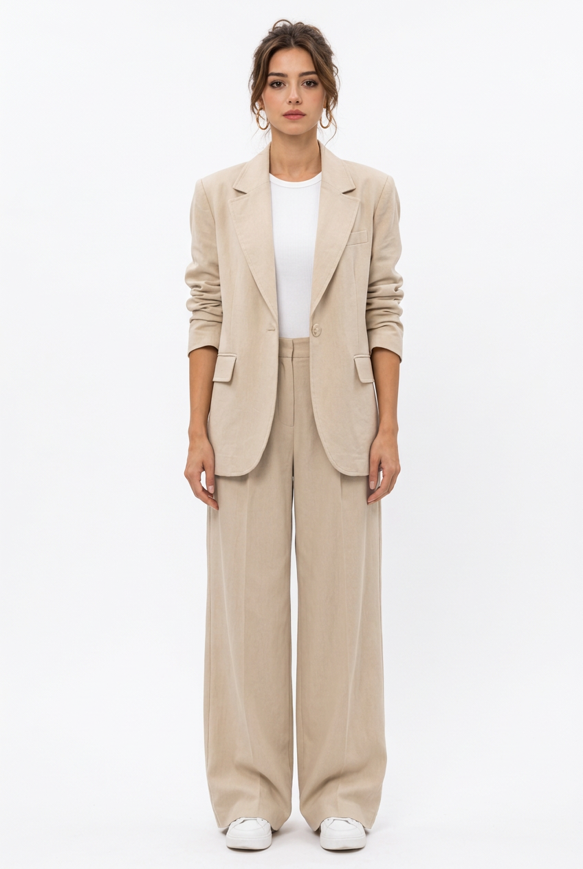Stéphanie en tailleur beige ample sur fond blanc