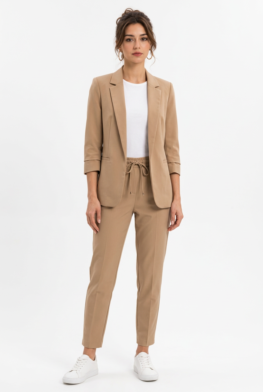 Stéphanie en tailleur beige manches trois-quarts