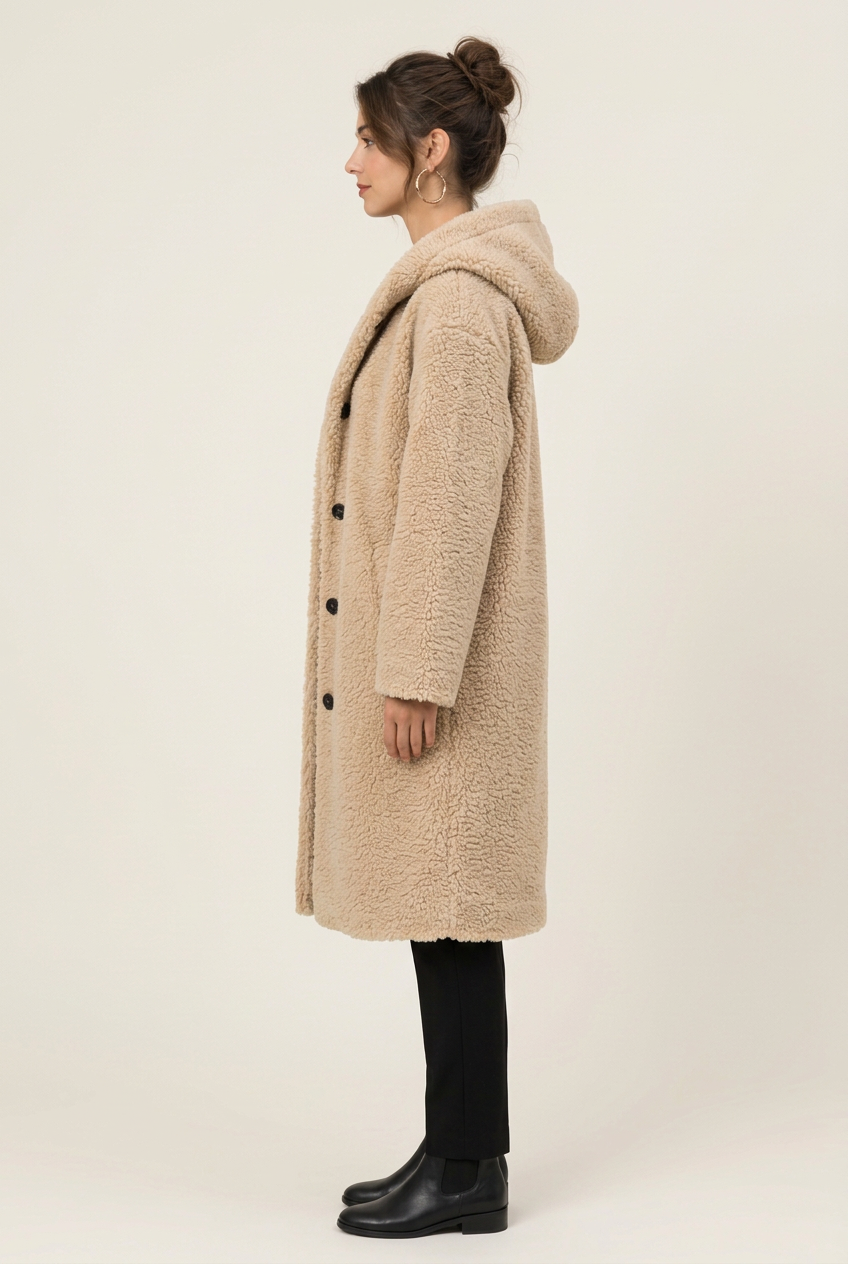 Stéphanie, manteau beige clair de côté