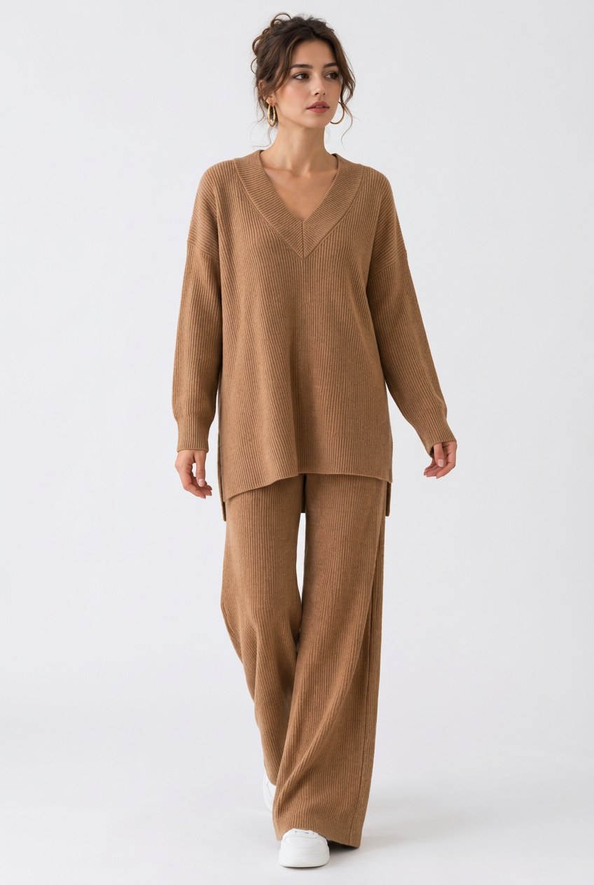 Stéphanie portant l’ensemble camel
