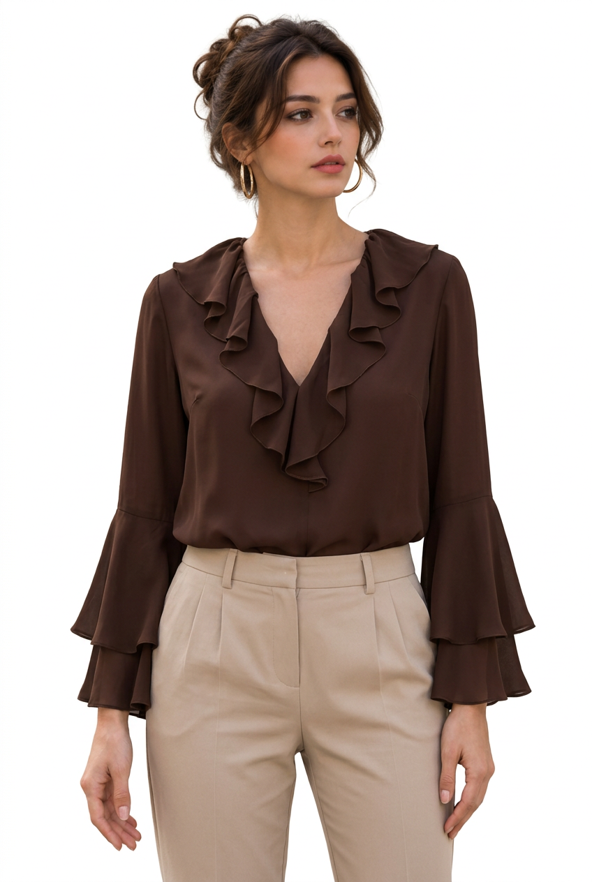Stéphanie portant la blouse marron café à volants