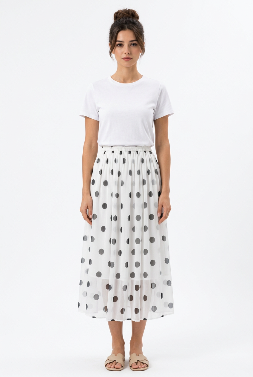 Stéphanie portant la jupe blanche à pois