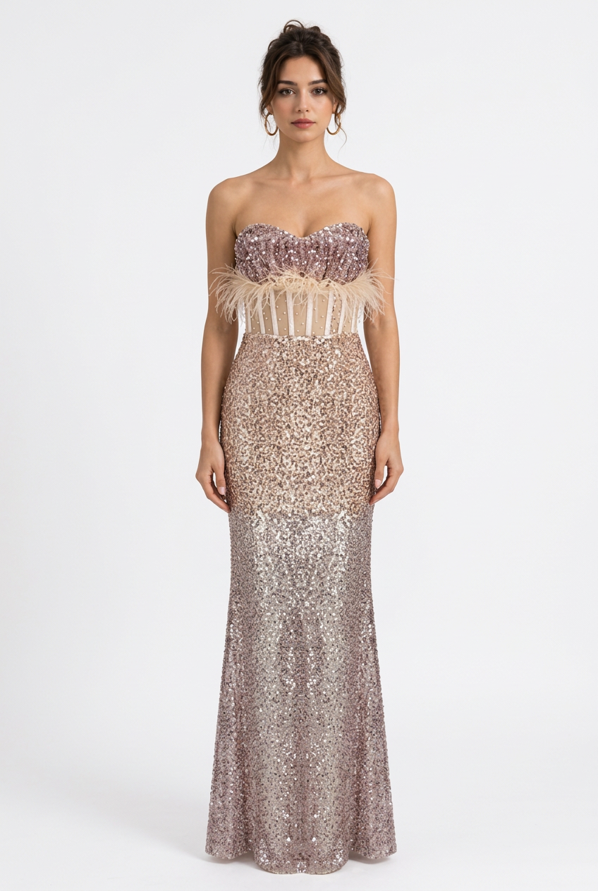 Stéphanie portant la robe longue bustier à sequins rose abricot