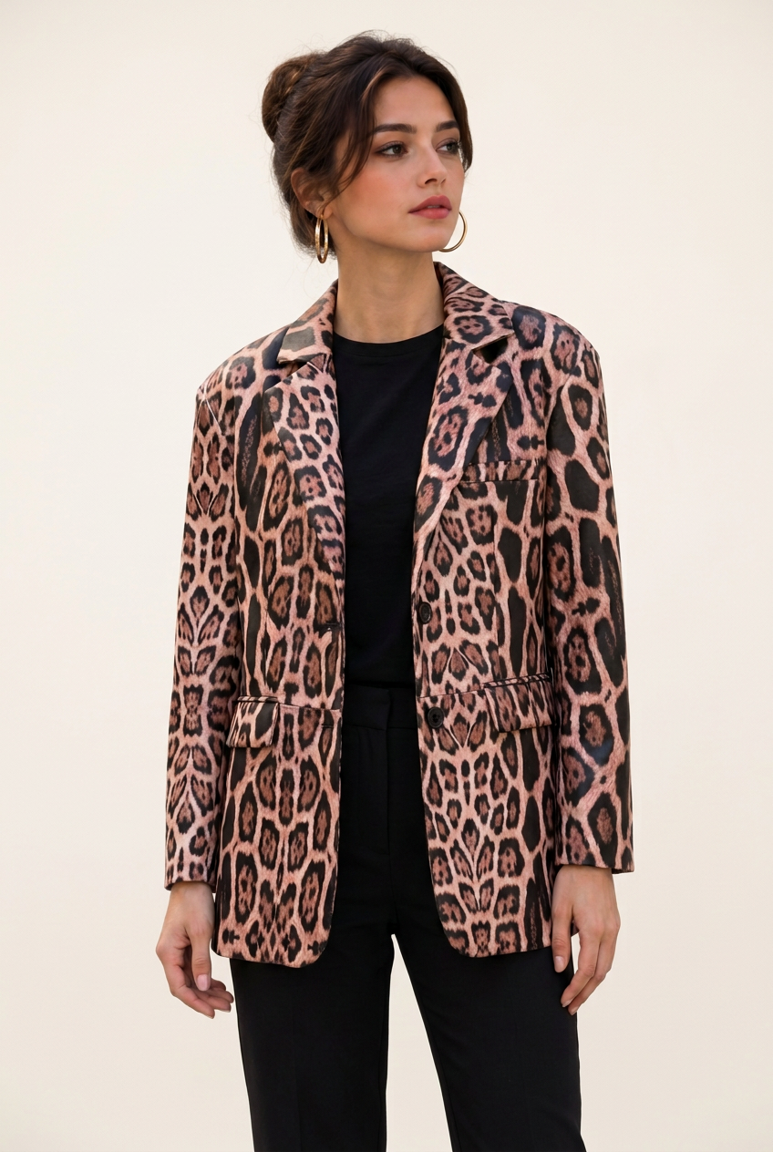 Stéphanie portant la veste léopard de trois-quarts