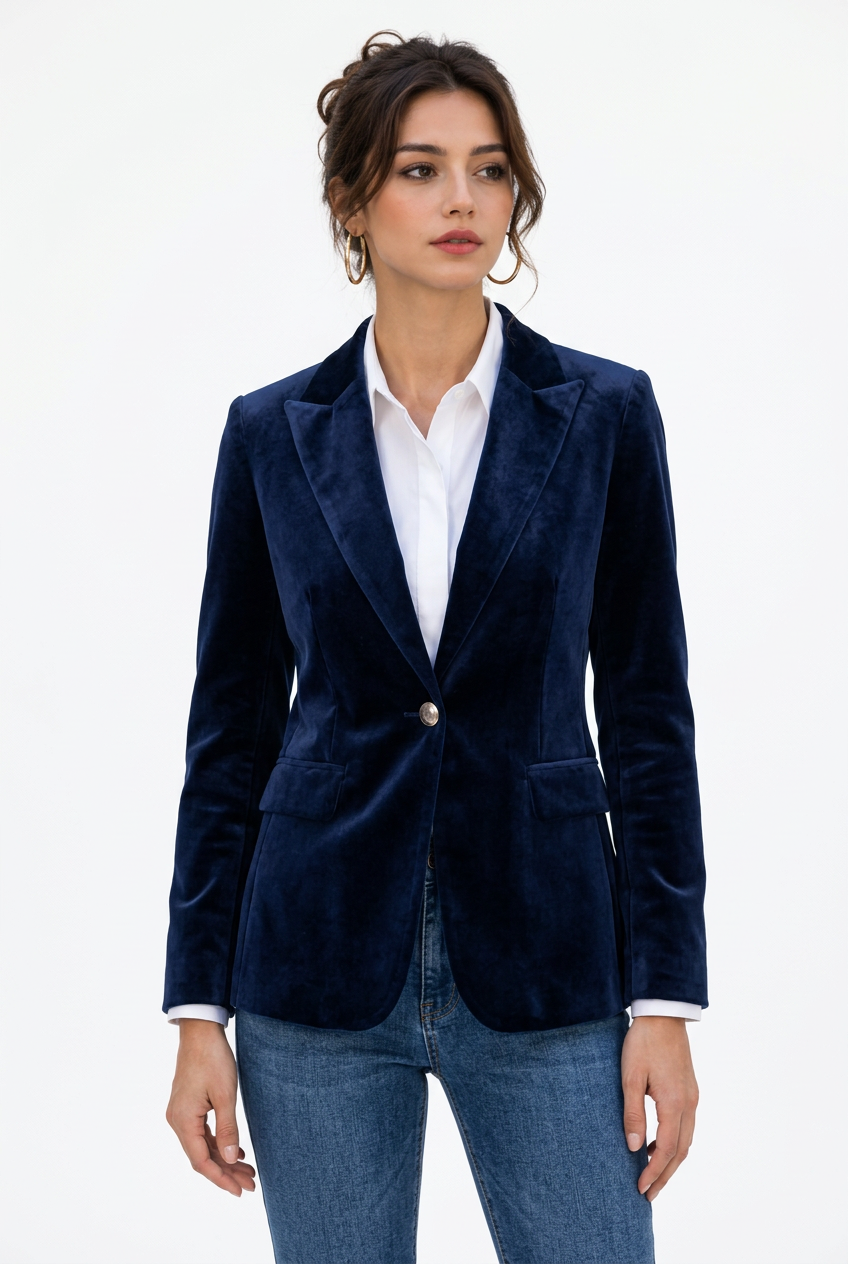 Stéphanie portant le blazer bleu marine