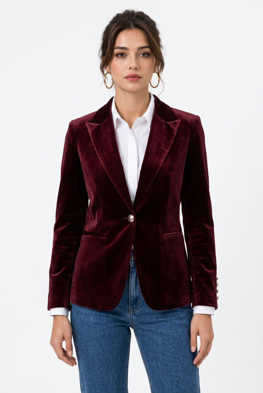 Stéphanie portant le blazer bordeaux