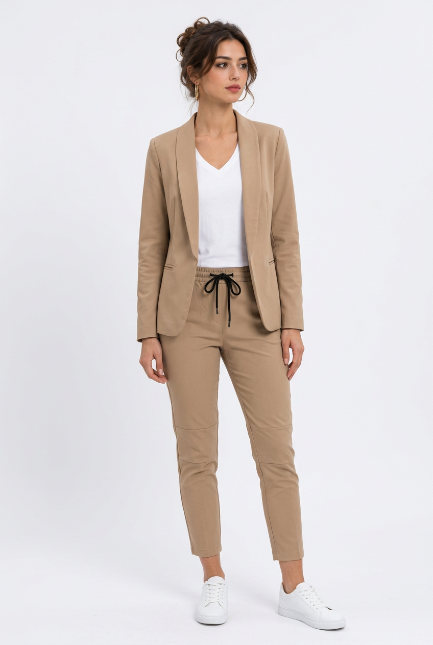 Stéphanie, tailleur beige camel manches longues, option Khaki