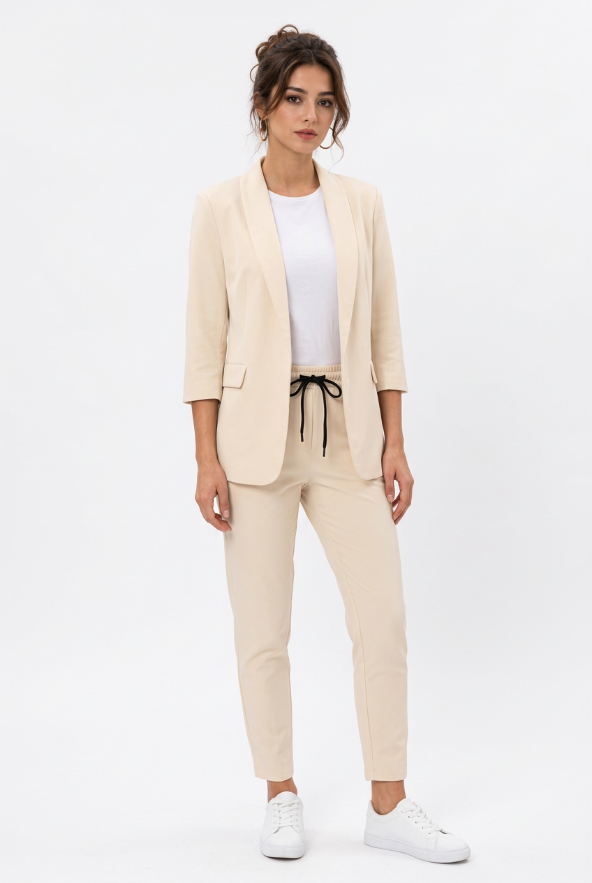Stéphanie, tailleur beige clair manches trois-quarts