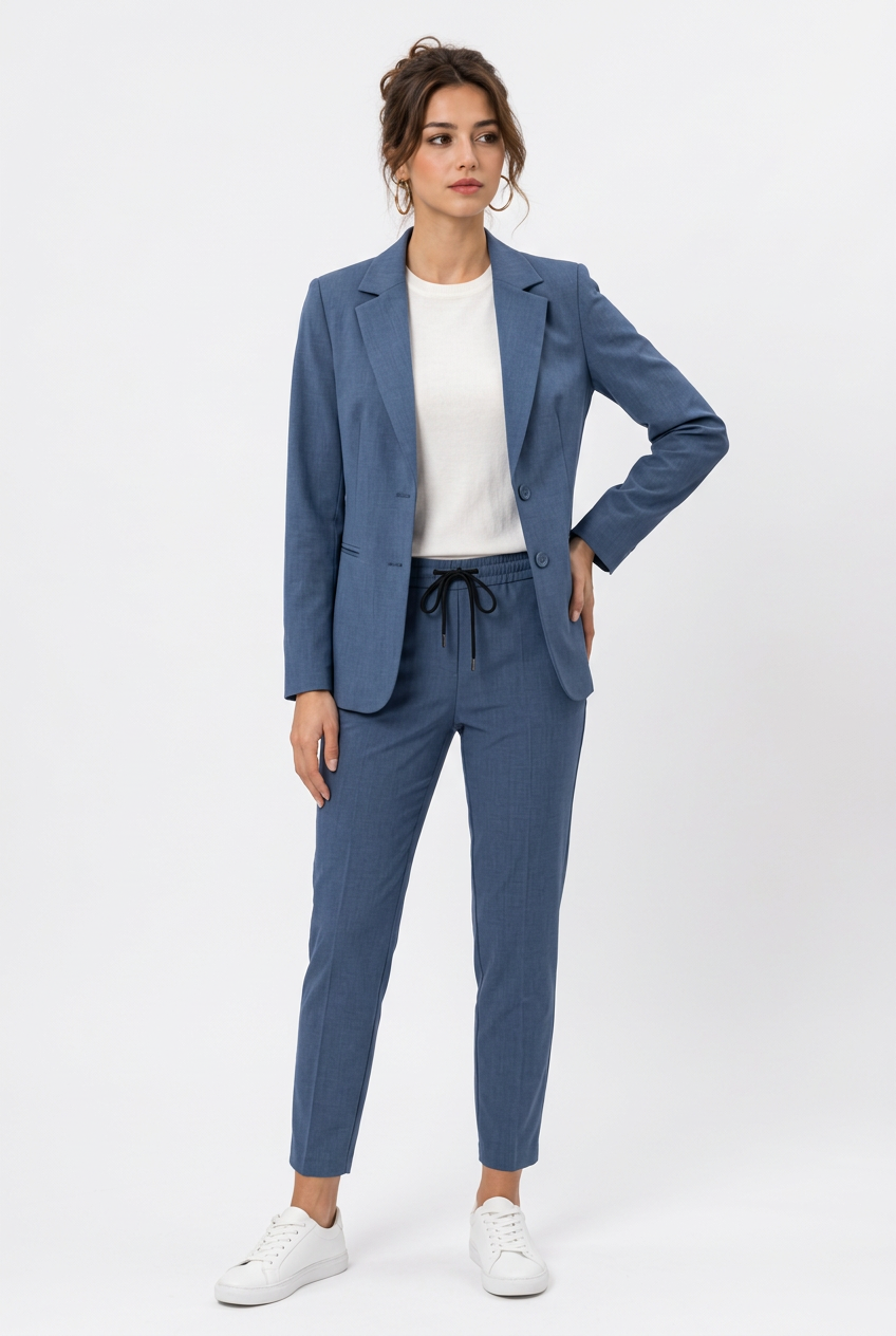 Stéphanie, tailleur bleu denim manches longues