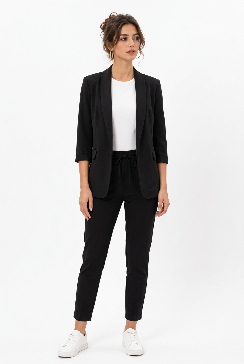 Stéphanie, tailleur noir manches trois-quarts